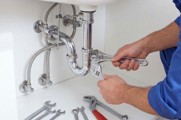 Plumber unblocking a household drain